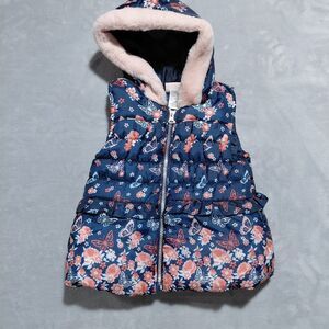 4T Little Lass Floral Butterflies Ruffled Puffer Vest w/ Hood Pink Faux Fur Trim